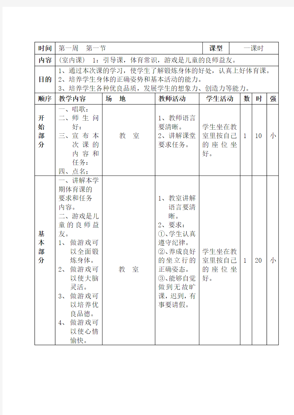 小学四年级上册体育教案表格