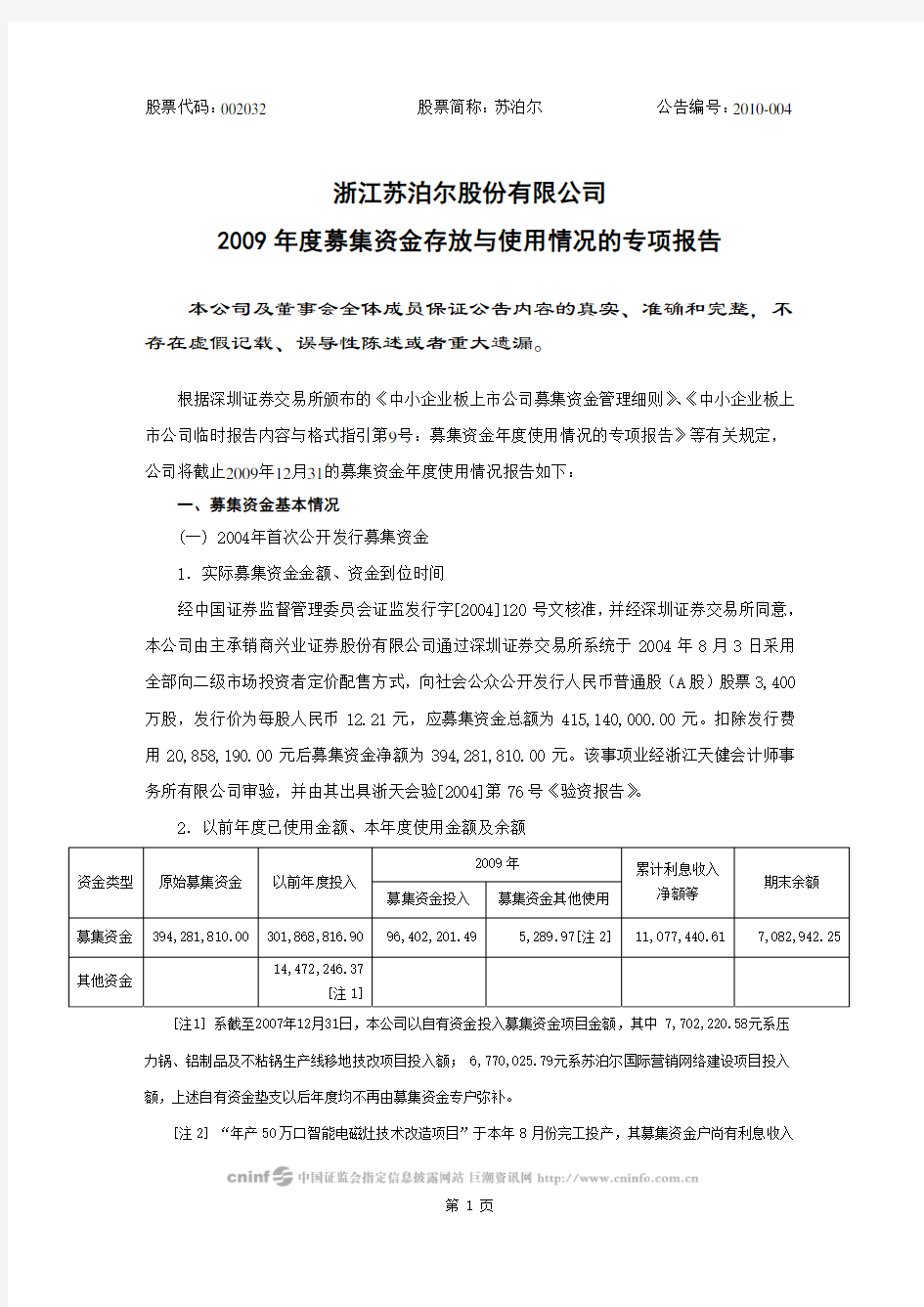 苏 泊 尔：2009年度募集资金存放与使用情况的专项报告 2010-03-30