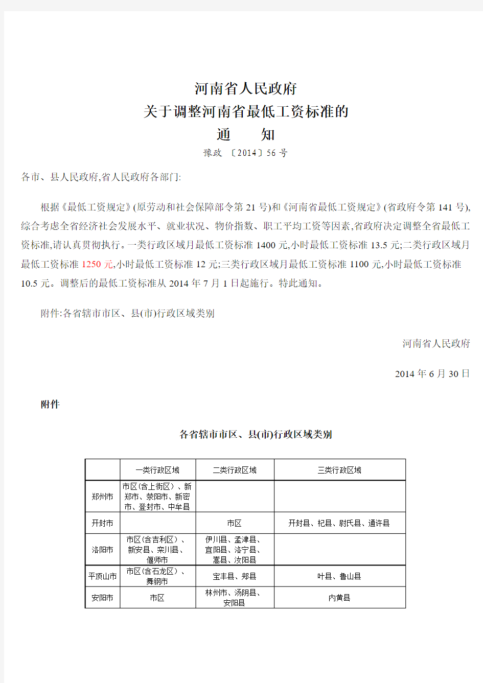 河南省2014年最低工资标准