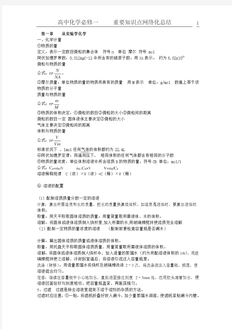 高中化学必修一     重要知识点网络化总结【精品】