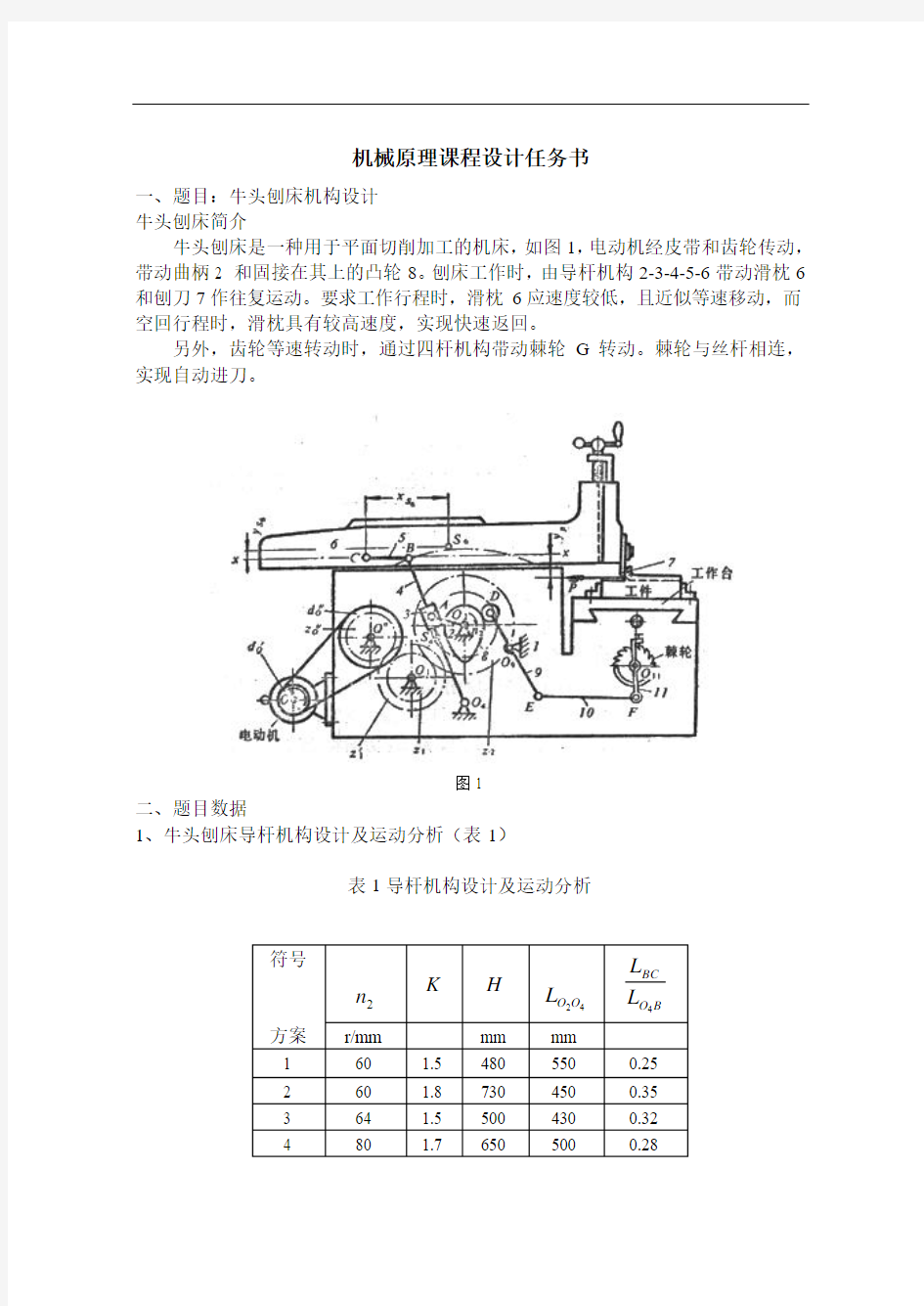 重庆理工大学机械原理课程设计任务书