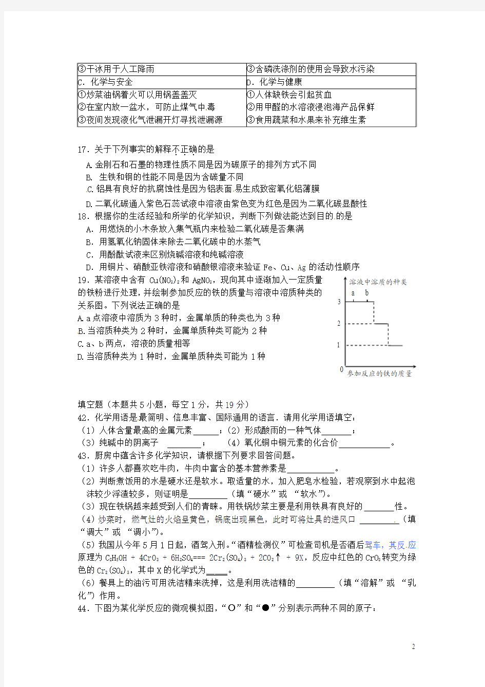 湖北省丹江口市2015年初中化学毕业生适应性考试试题