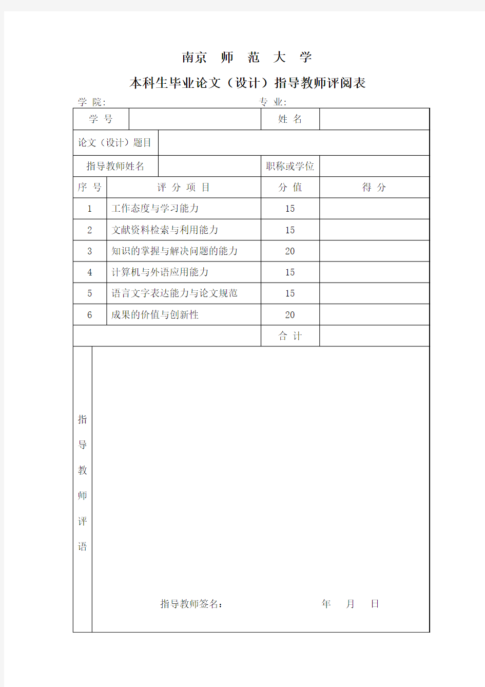 南京师范大学本科生毕业论文(设计)成绩评定表(指导教师用)