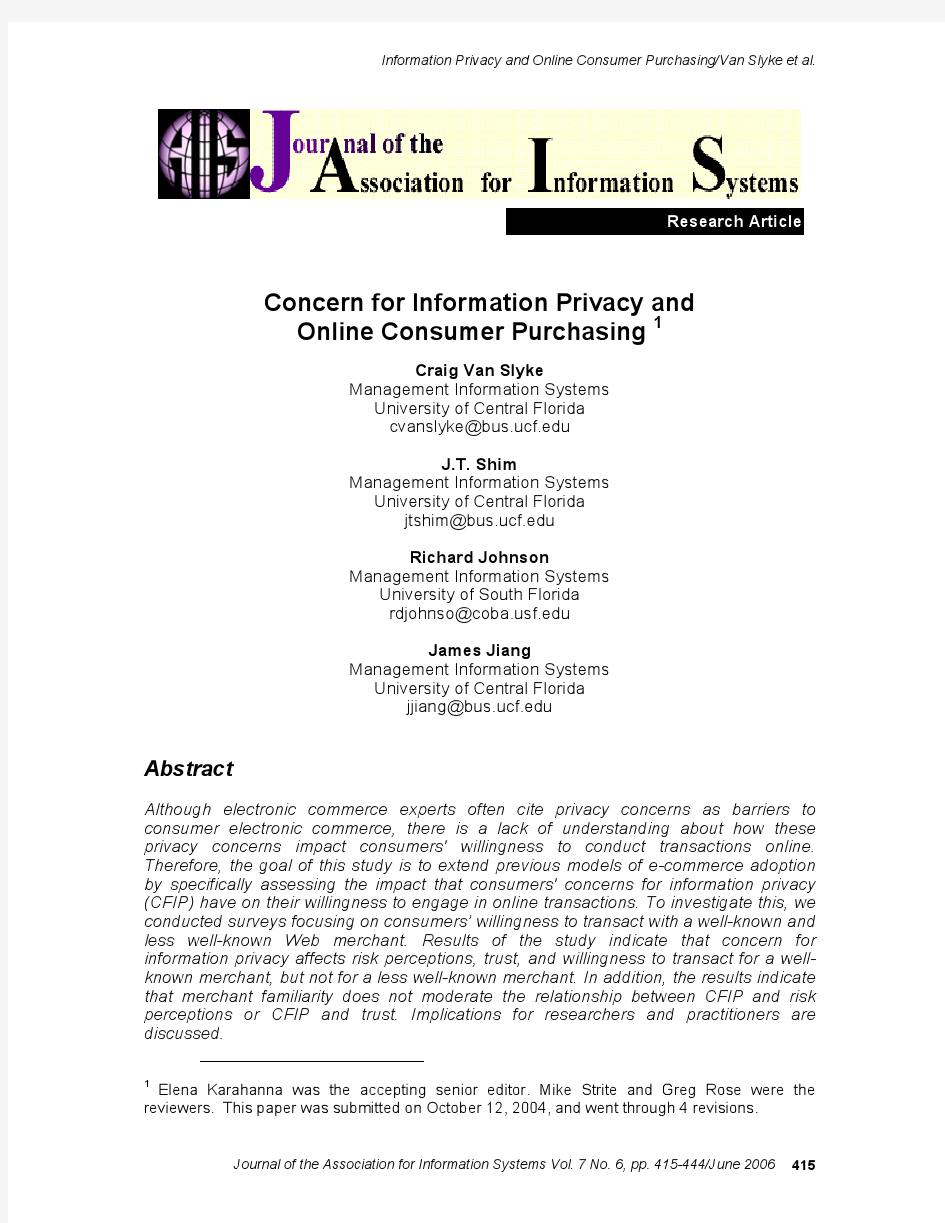 Concern for information privacy and online consumer purchasing