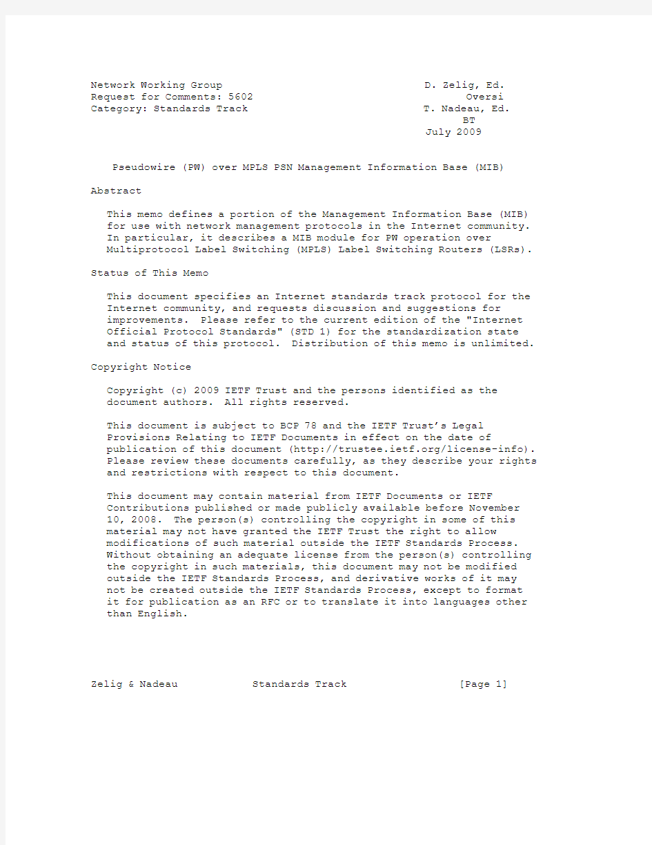 rfc5602.Pseudowire (PW) over MPLS PSN Management Information Base (MIB)