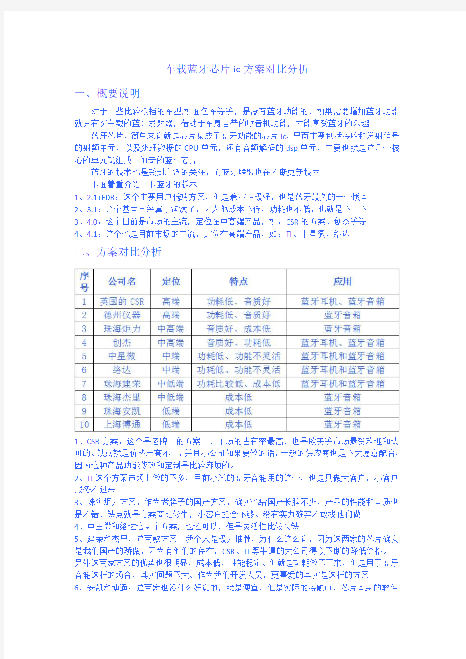 车载蓝牙芯片方案对比分析