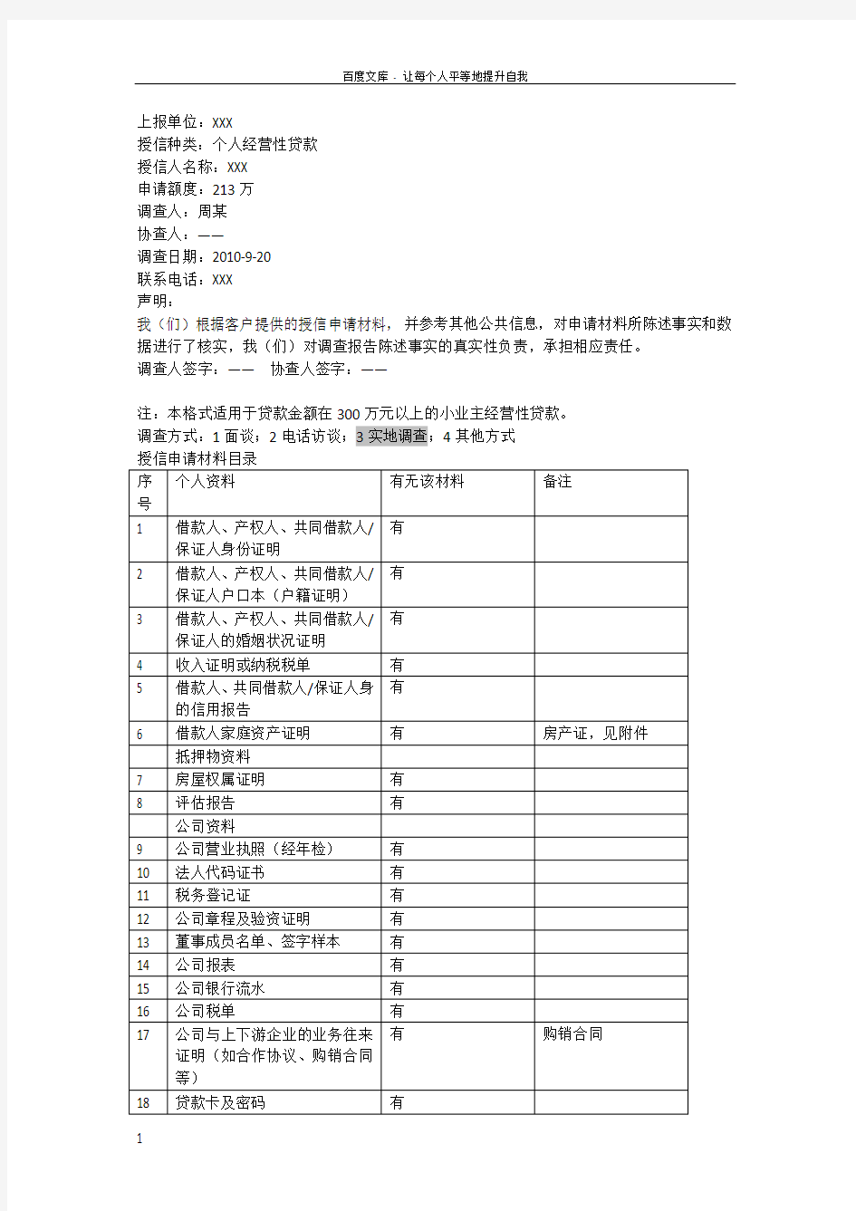 银行信贷调查报告