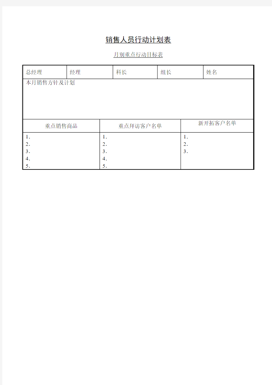 销售人员行动计划表