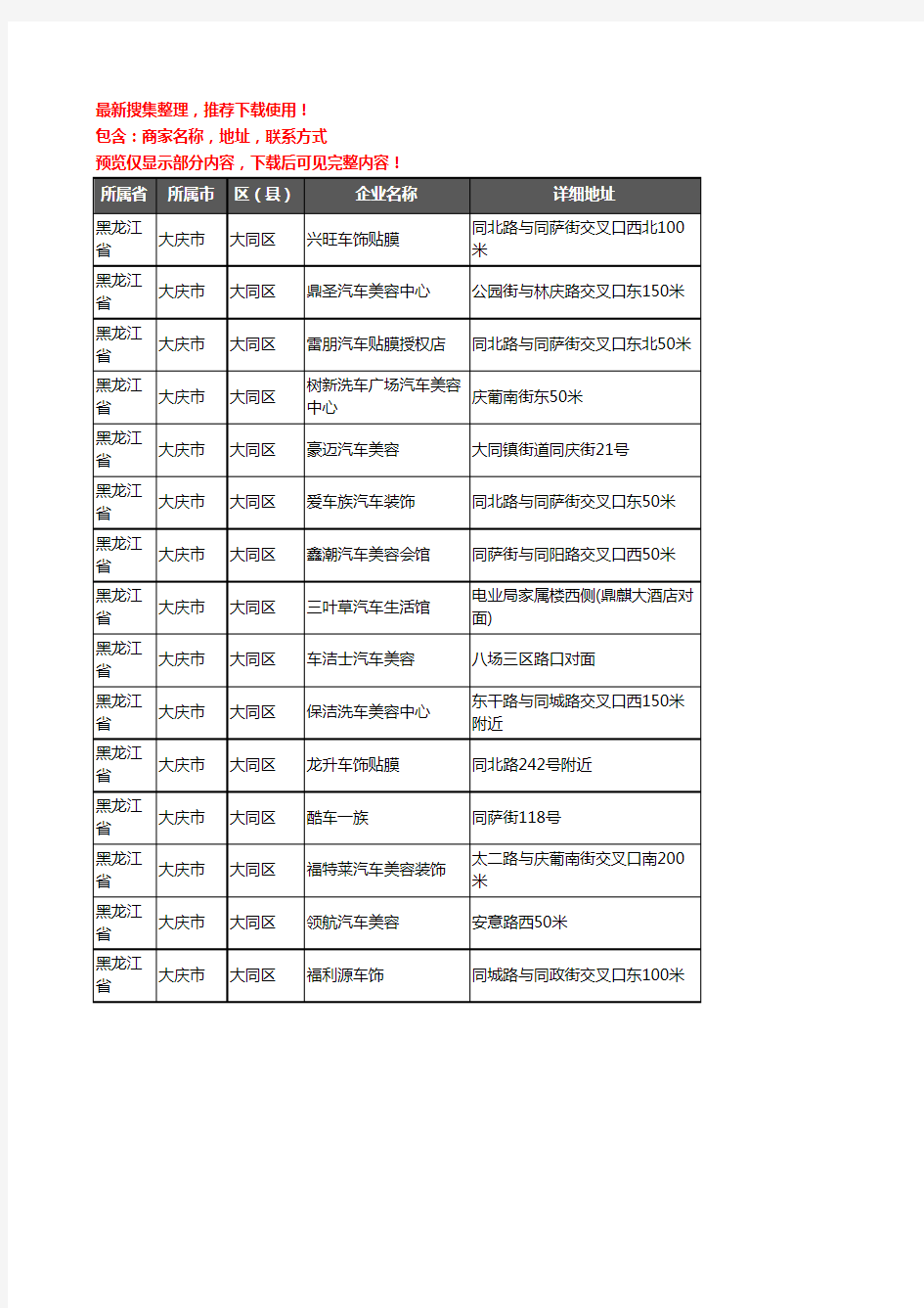 新版黑龙江省大庆市大同区汽车装潢企业公司商家户名录单联系方式地址大全15家