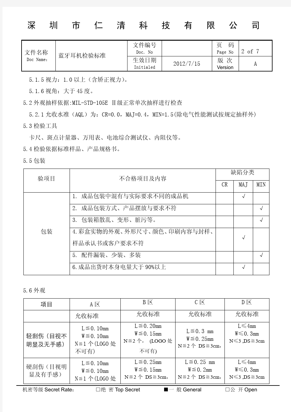 蓝牙耳机检验标准