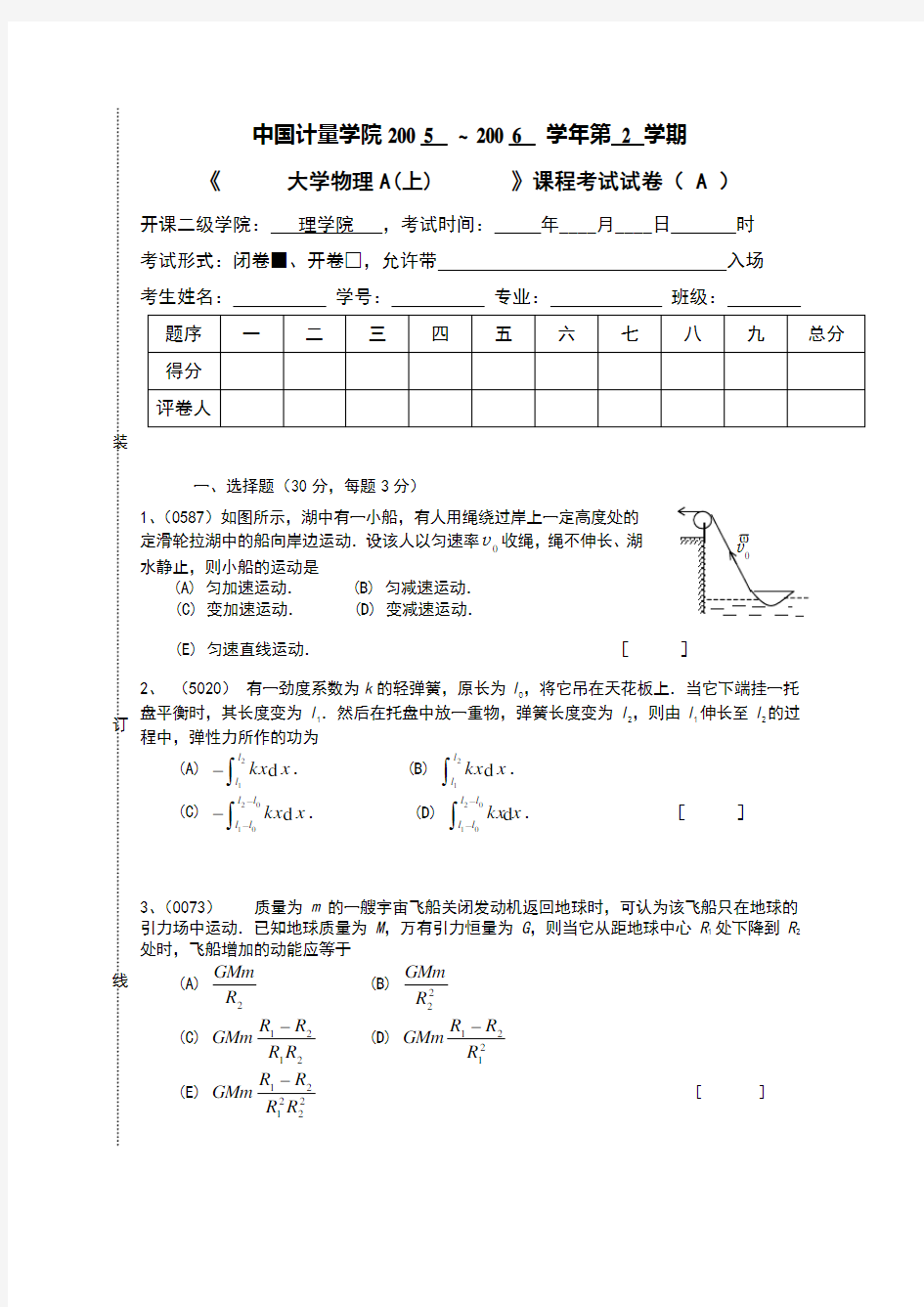 大学物理_物理学_上册_期末考试复习试卷