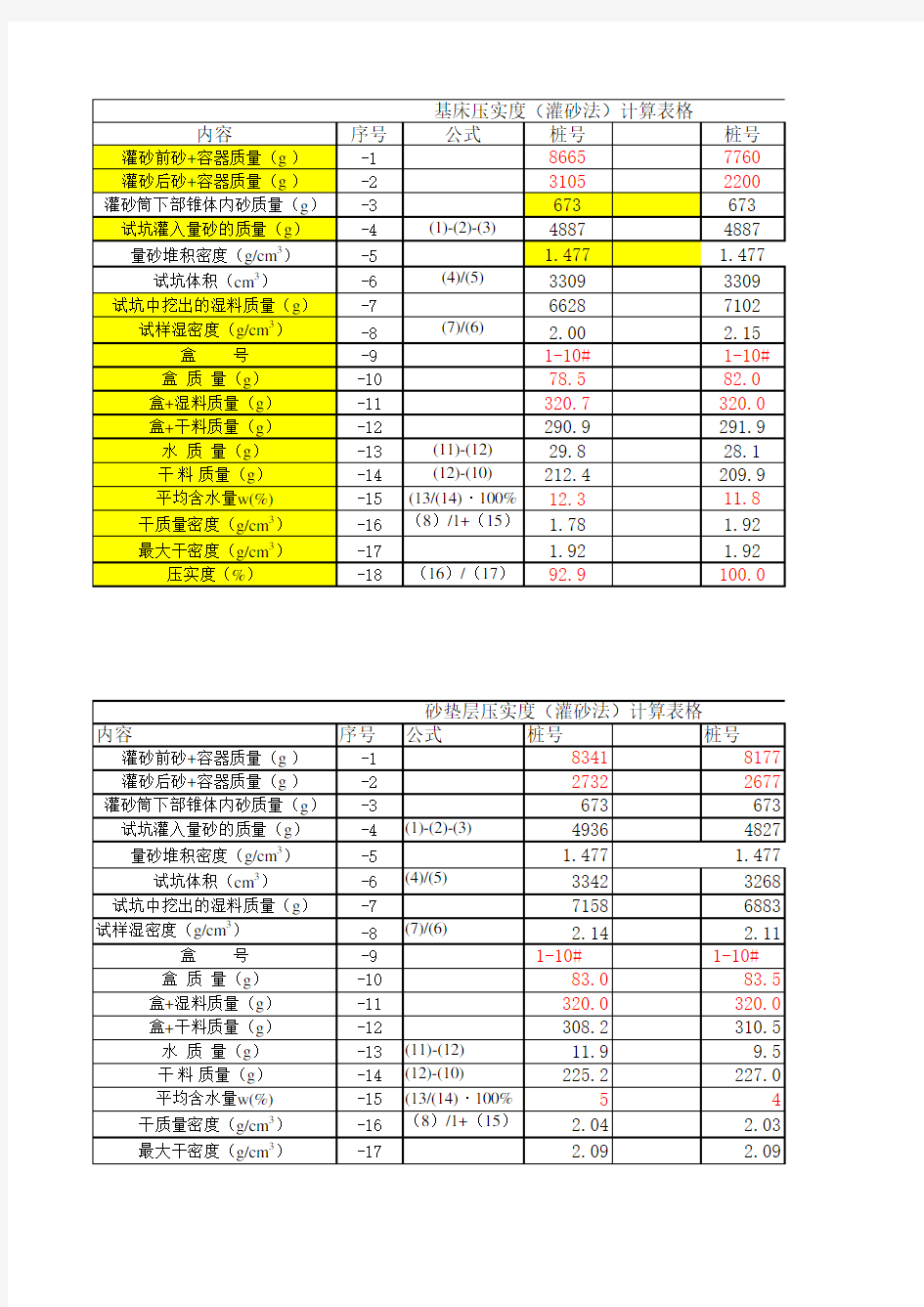 压实度 灌砂法 计算表格