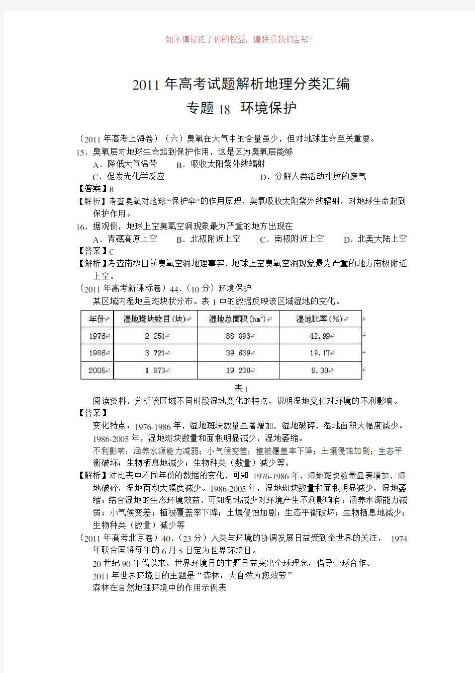 地理高考试题分类汇编专题环境保护word版