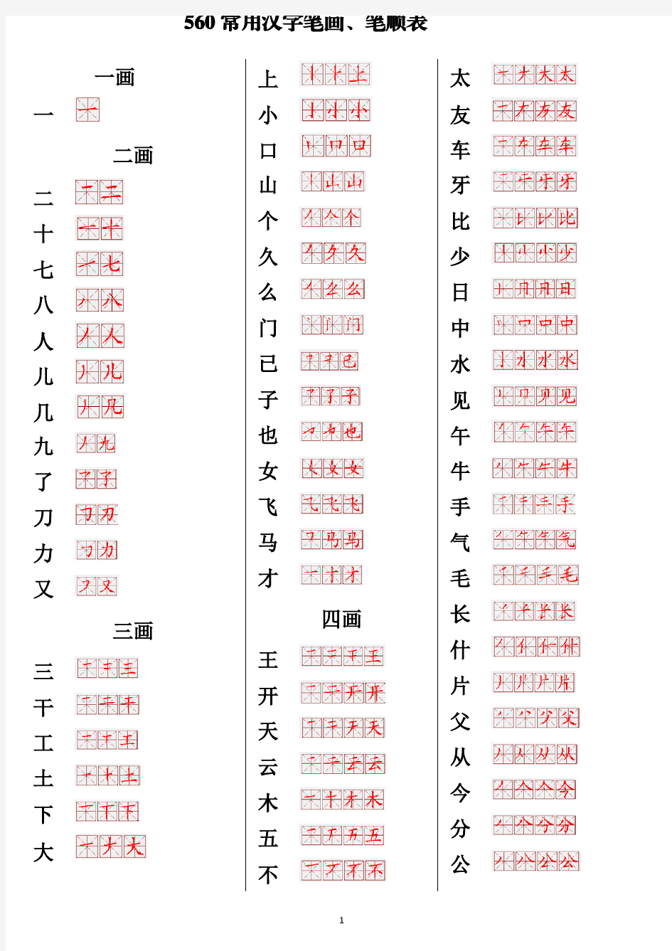 560常用汉字笔画笔顺表(打印版本)