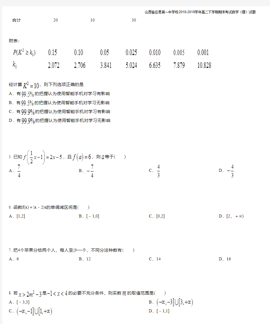 山西省应县第一中学校2018-2019学年高二下学期期末考试数学(理)试题
