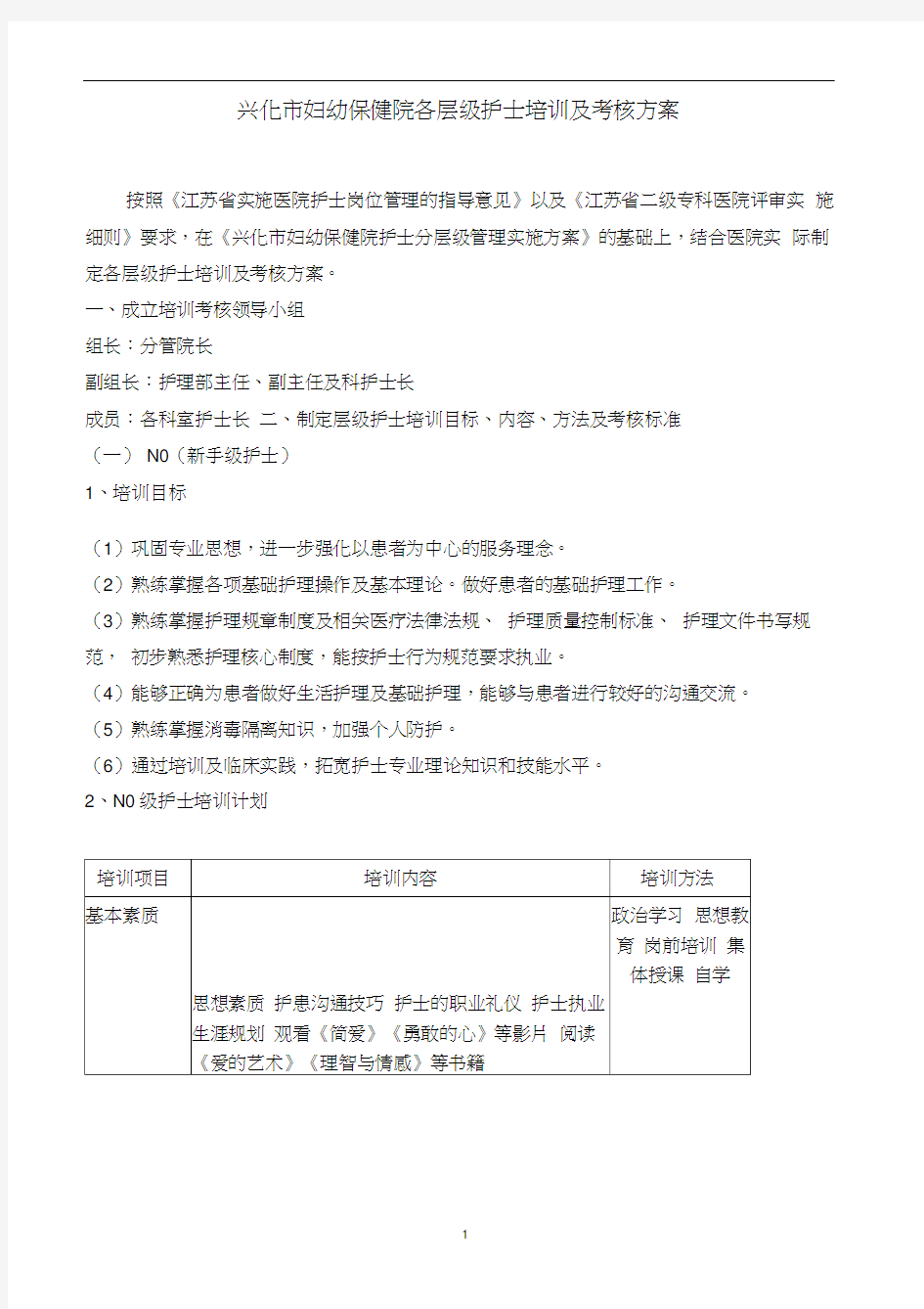 各层级护士培训及考核方案分析