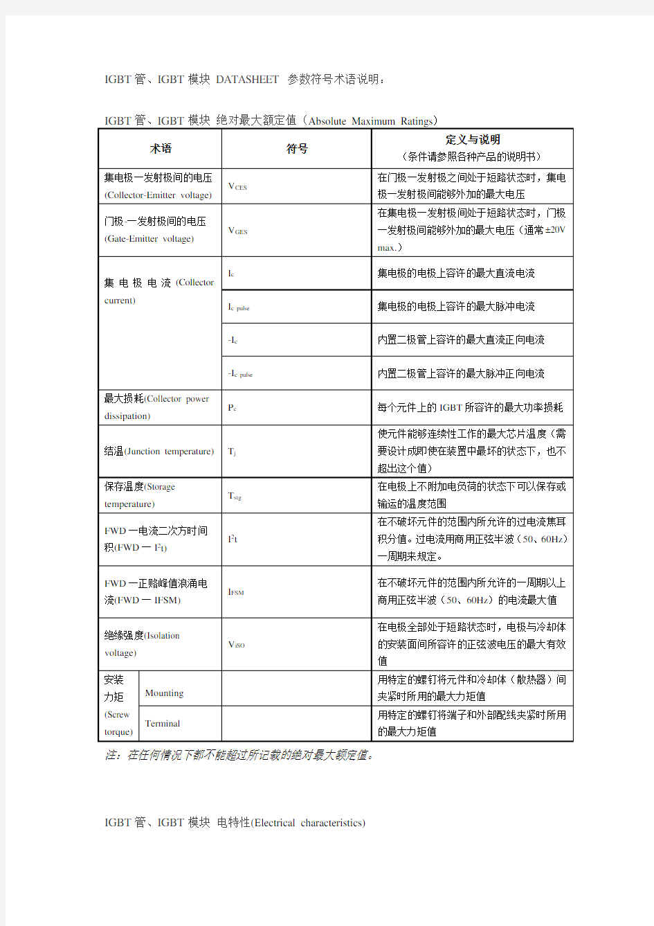 IGBT模块参数datasheet名称解释