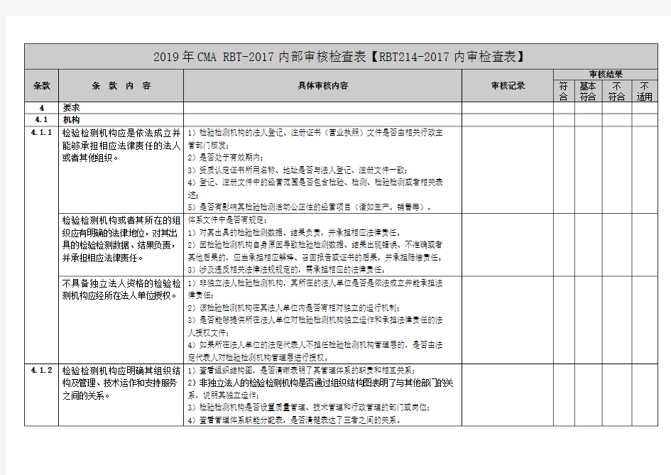 2019年CMA RBT-2017内部审核检查表【RBT214-2017内审检查表】