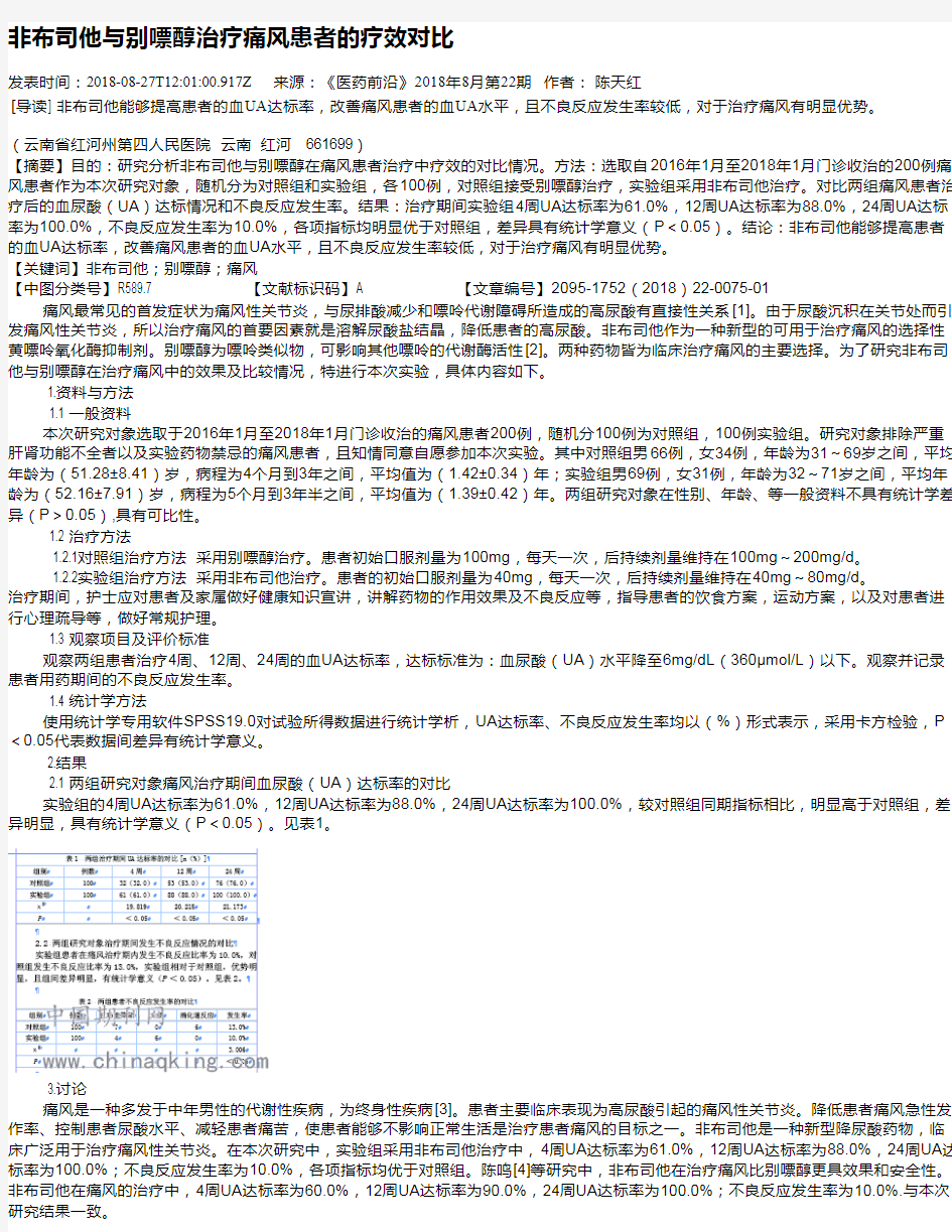 非布司他与别嘌醇治疗痛风患者的疗效对比