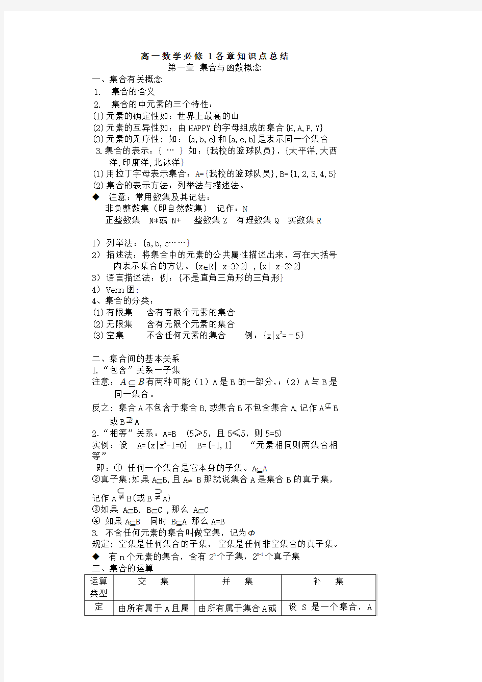 人教版高一数学必修一第一章 集合与函数概念知识点