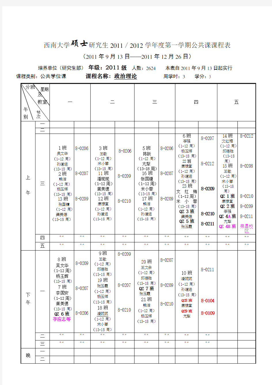 最新西南大学硕士研究生20202020学年第一学期公共课课表英语政治公选课.doc