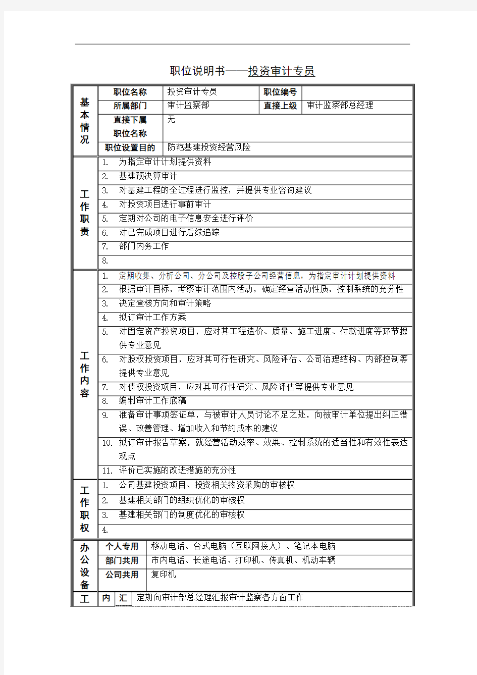 投资审计专员岗位说明书