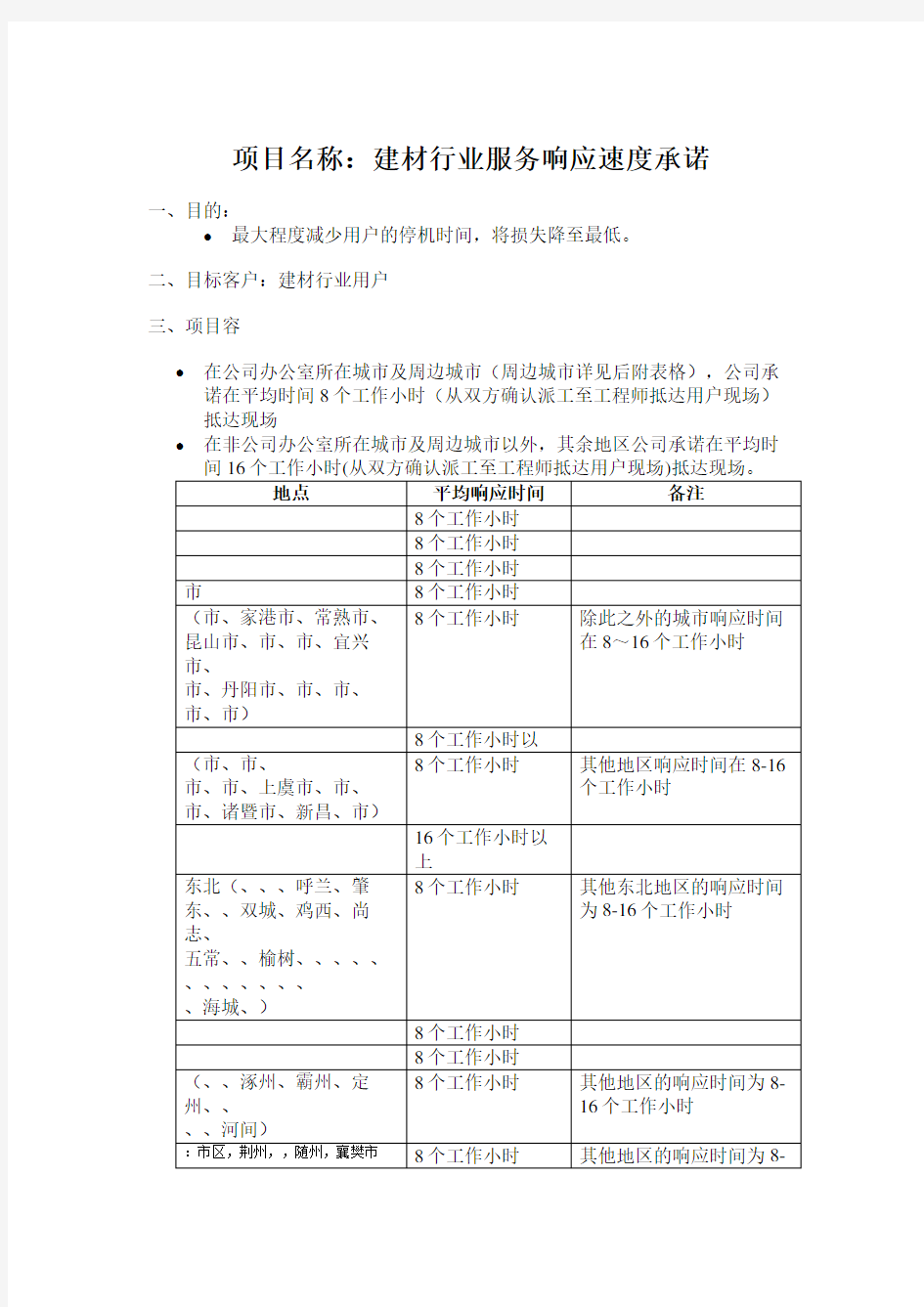 售后服务响应承诺表