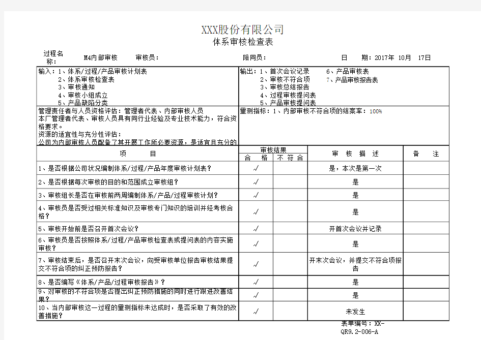 IATF16949：2016体系审核检查表-内部审核