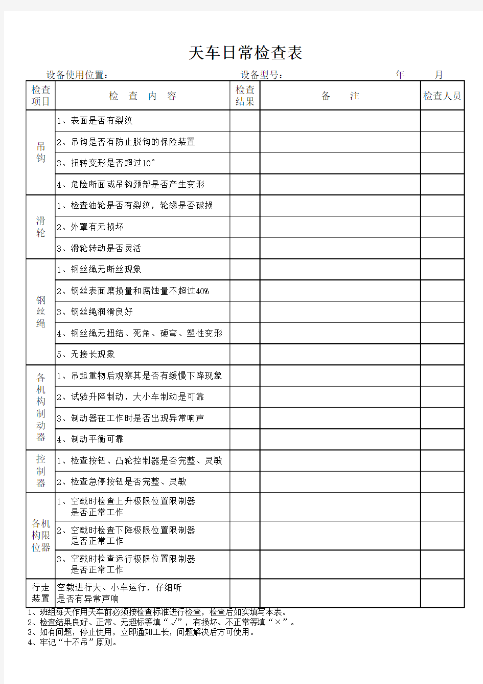 天车日常检查表--