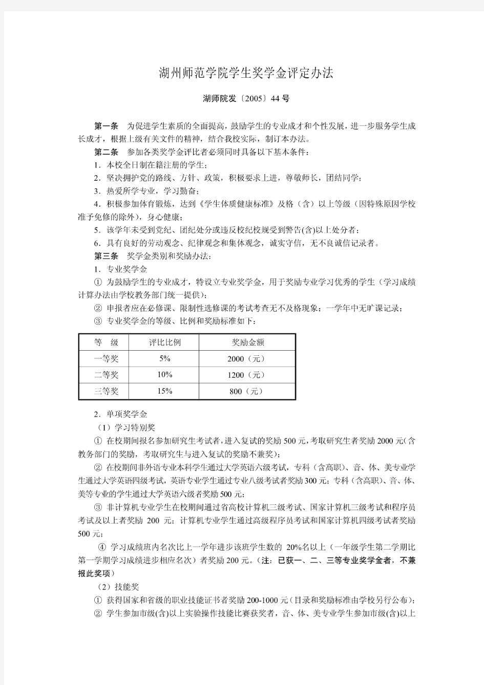 湖州师范学院学生奖学金评定办法