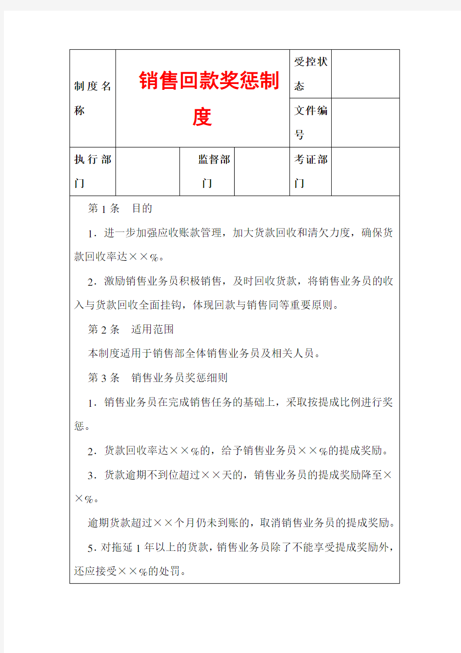 销售回款奖惩制度