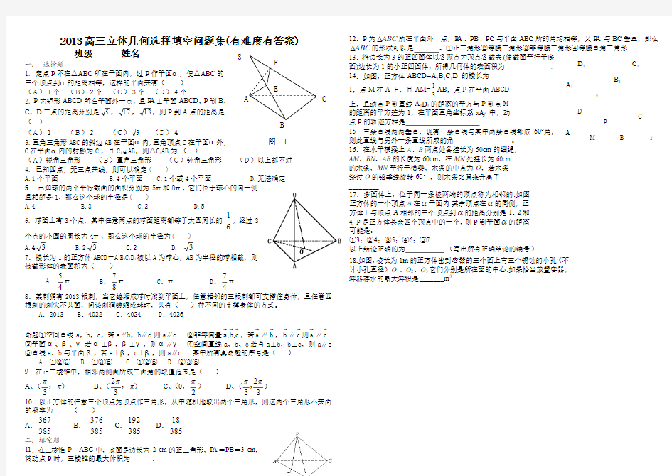 2013高三立体几何选择填空问题集(较难,有答案)
