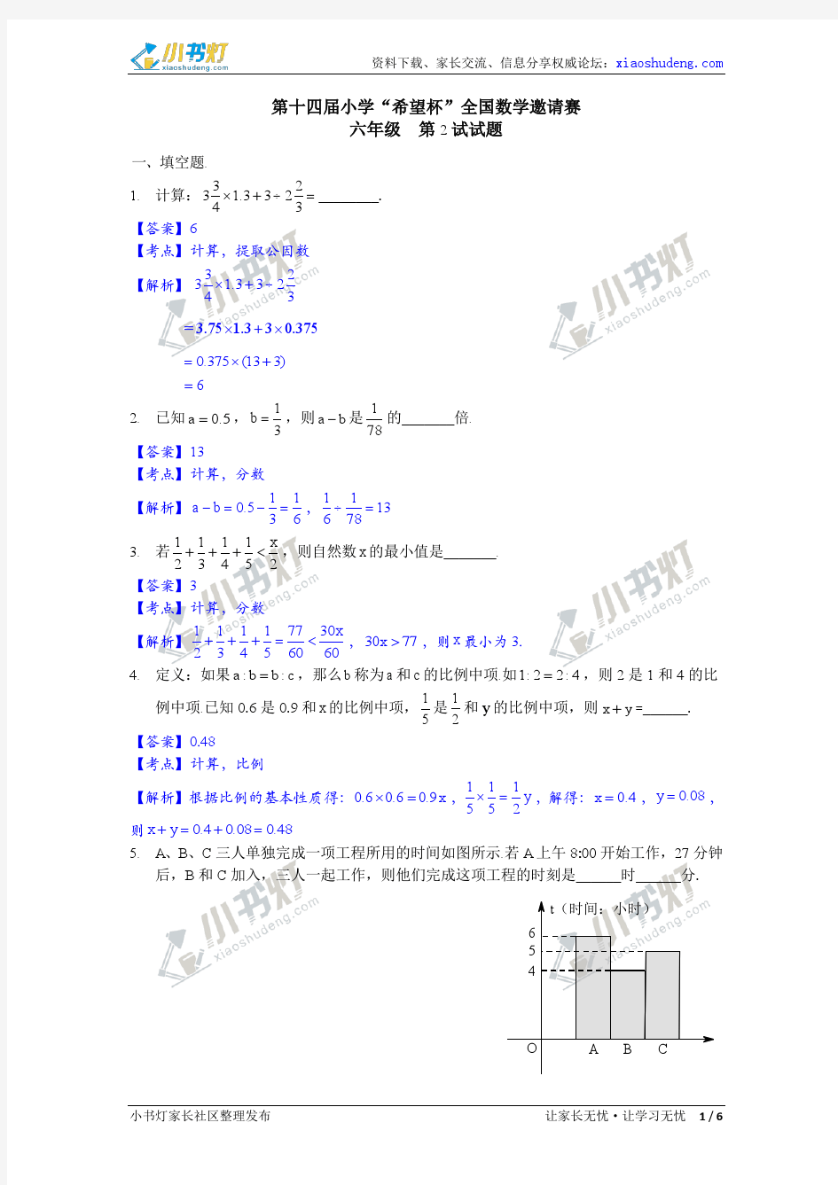 2016第十四届希望杯2试_六年级解析