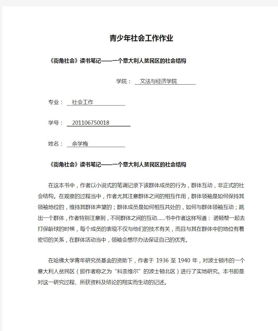 青少年社会工作作业---街角社会读书笔记