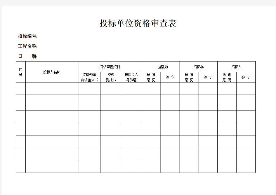 投标单位资格审查表(资格预审)