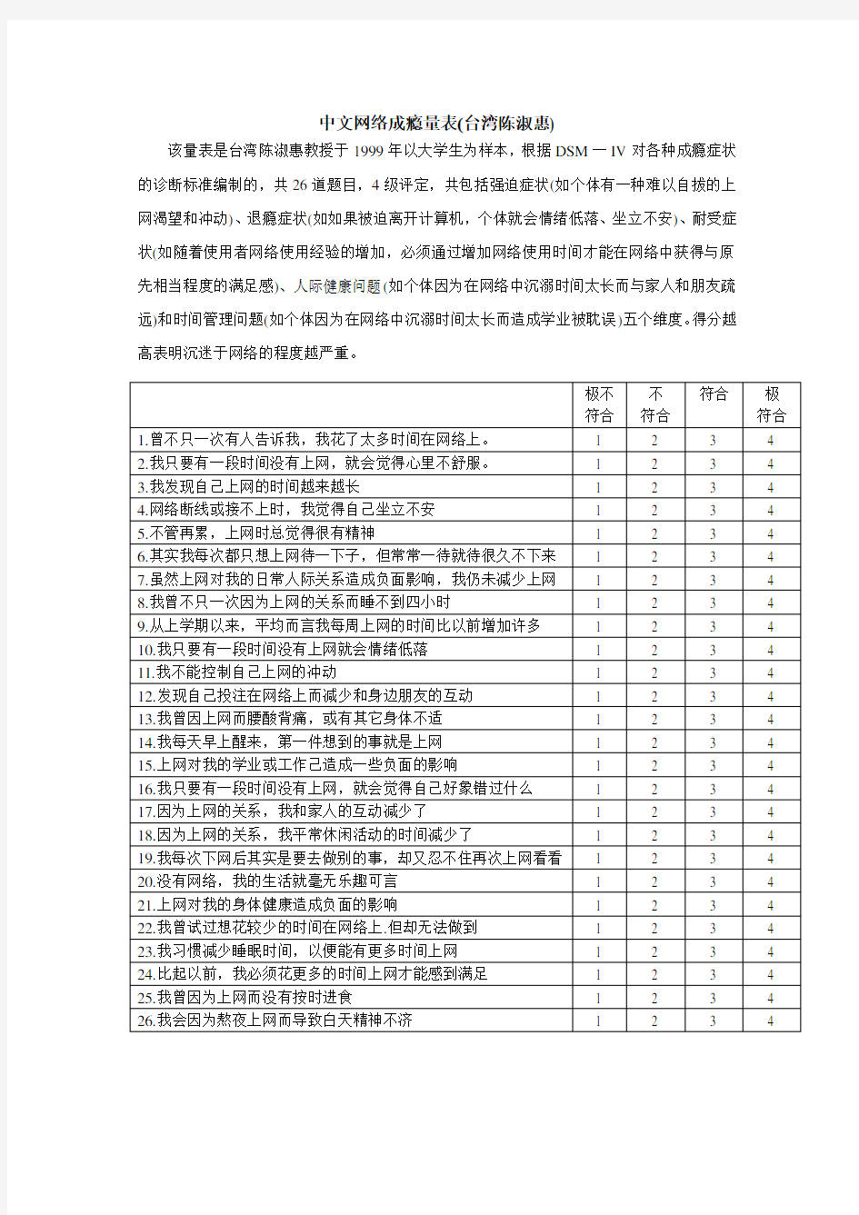 中文网络成瘾量表(台湾陈淑惠)