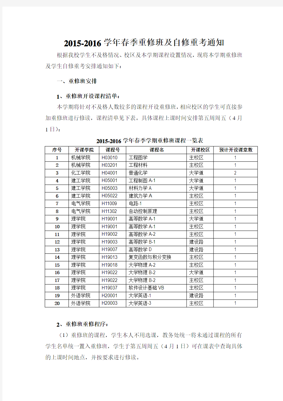 华北理工大学15-16春重修班及自修通知
