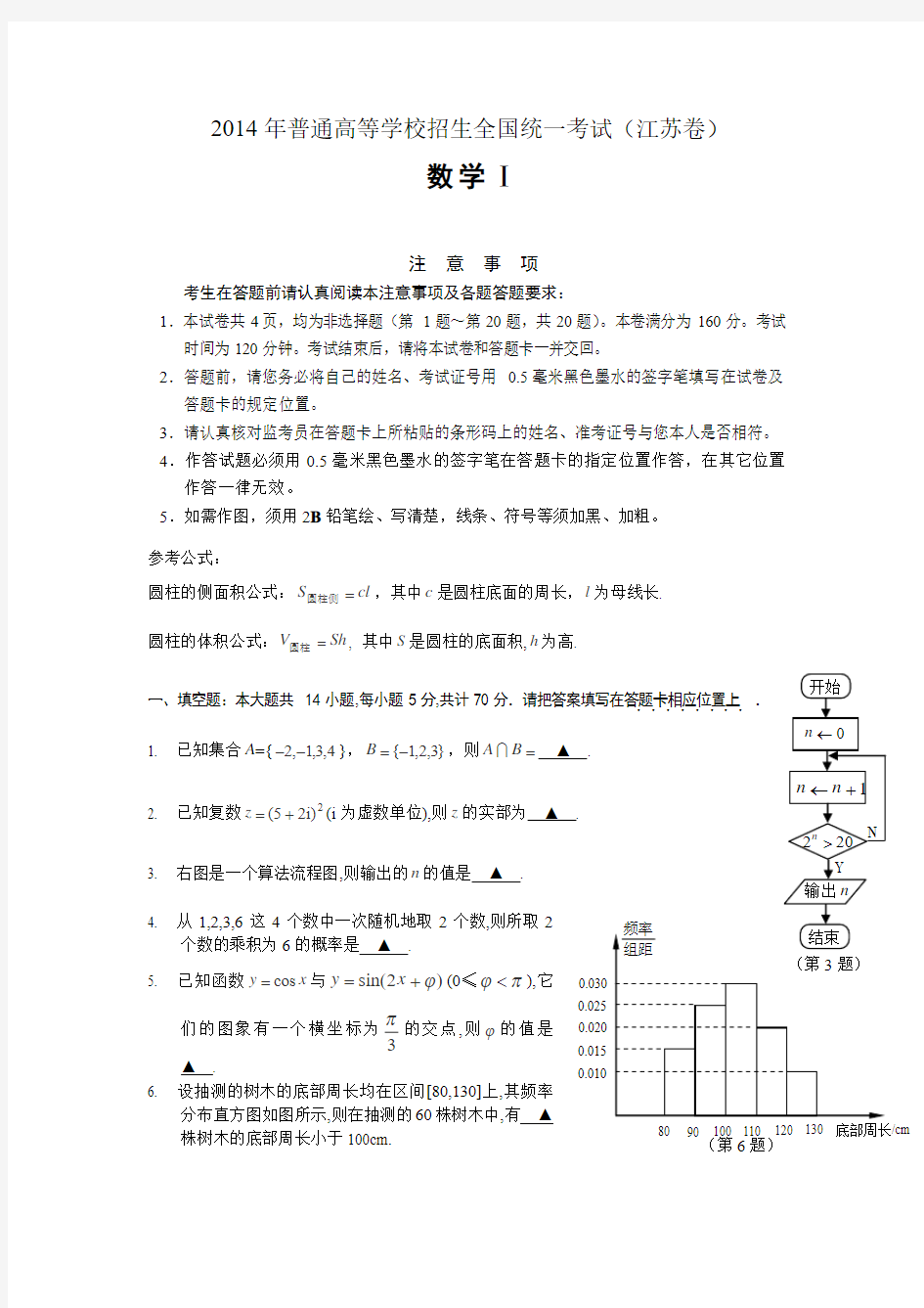 2014年高考数学试题(江苏卷)及参考答案