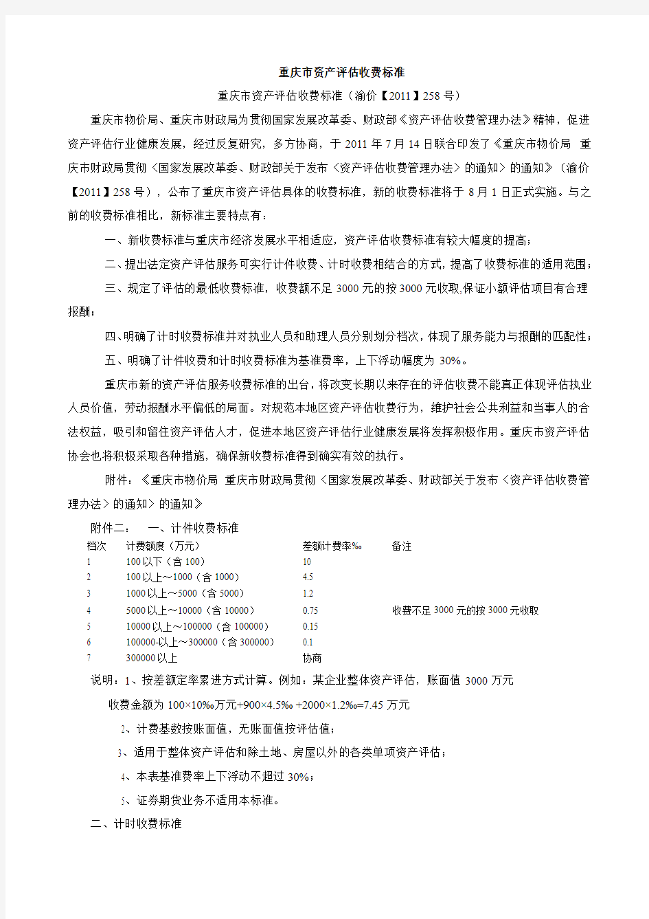 重庆市资产评估及资产拍卖收费标准