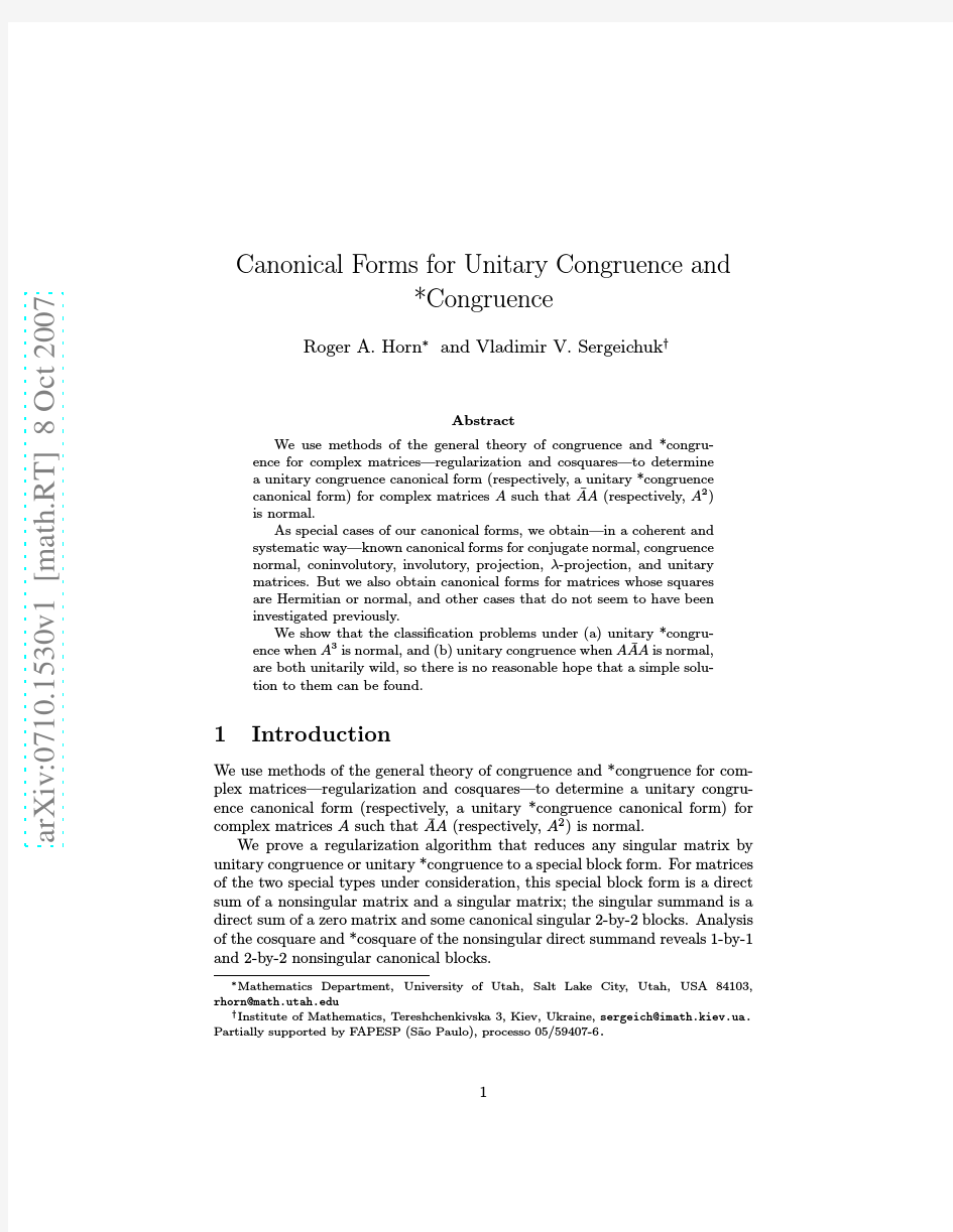 Canonical Forms for Unitary Congruence and Congruence