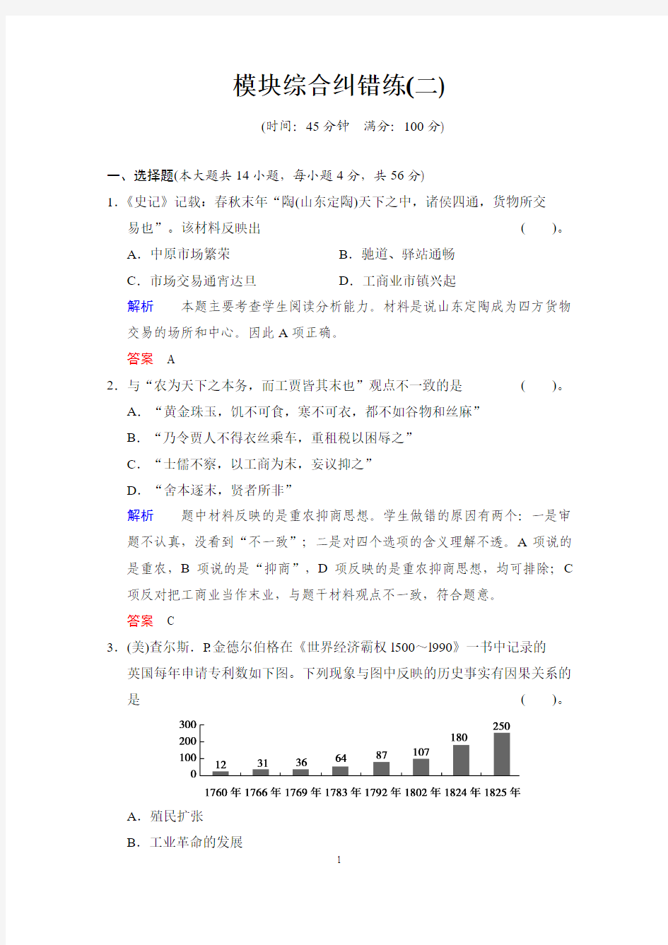 【创新设计】2014高考历史(人民版·江苏专用)一轮复习【配套word文档】模块综合纠错练2