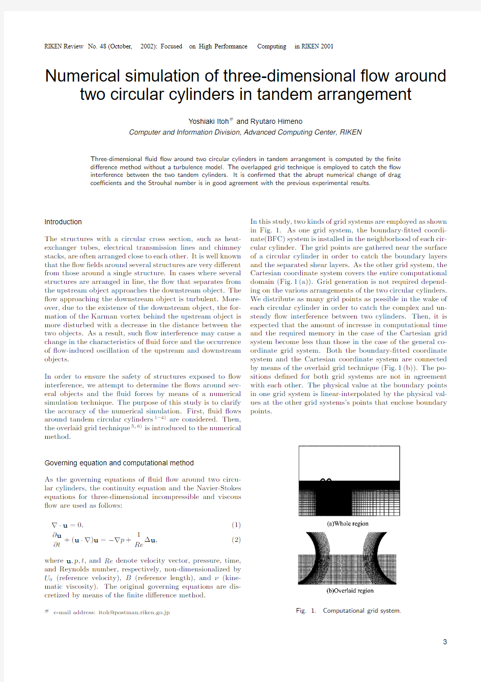 Numerical simulation of three-dimensional flow around two circular cylinders in tandem arrangement