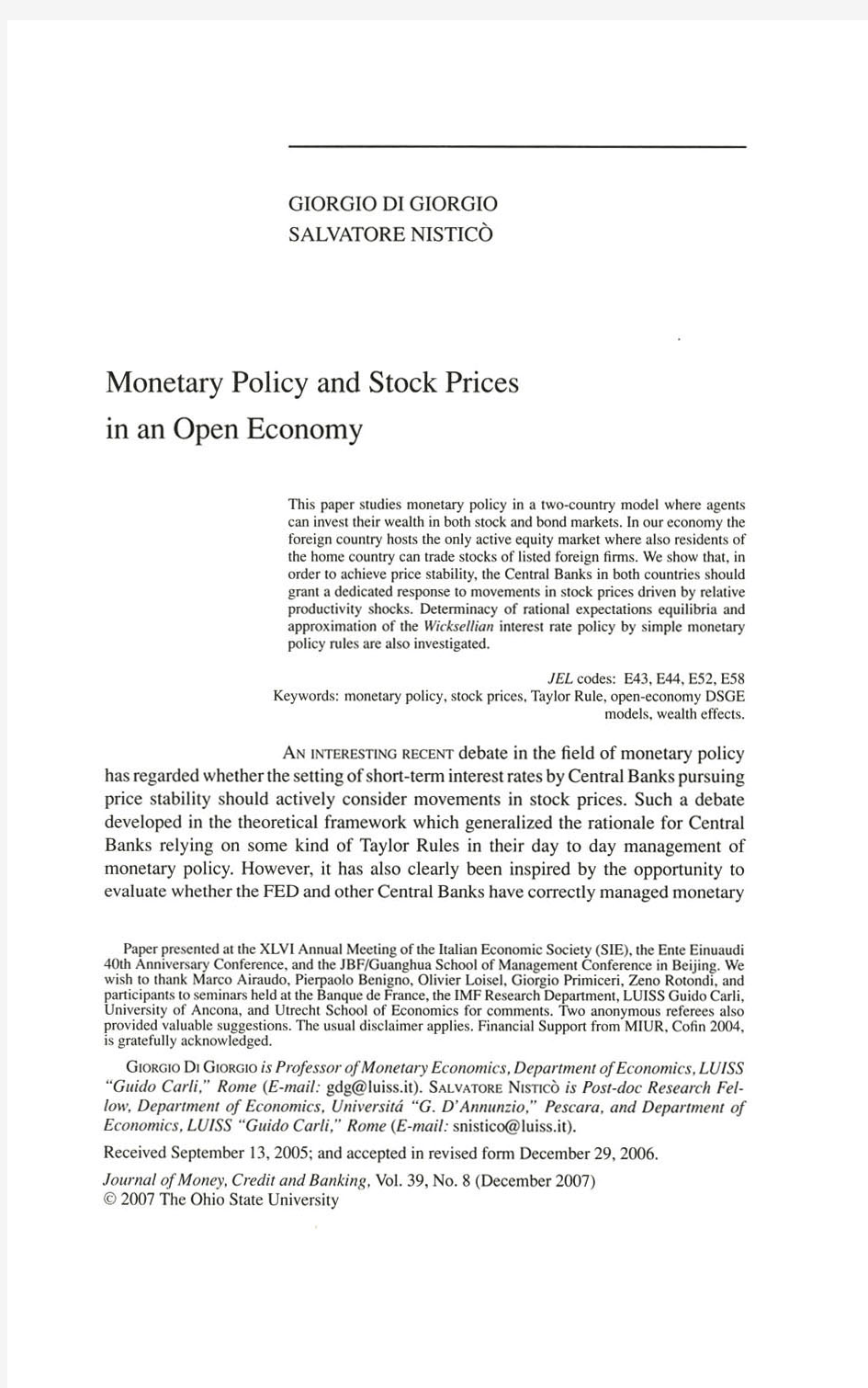 Monetary Policy and Stock Prices in an Open Economy 在开放经济中的货币政策和股票价格