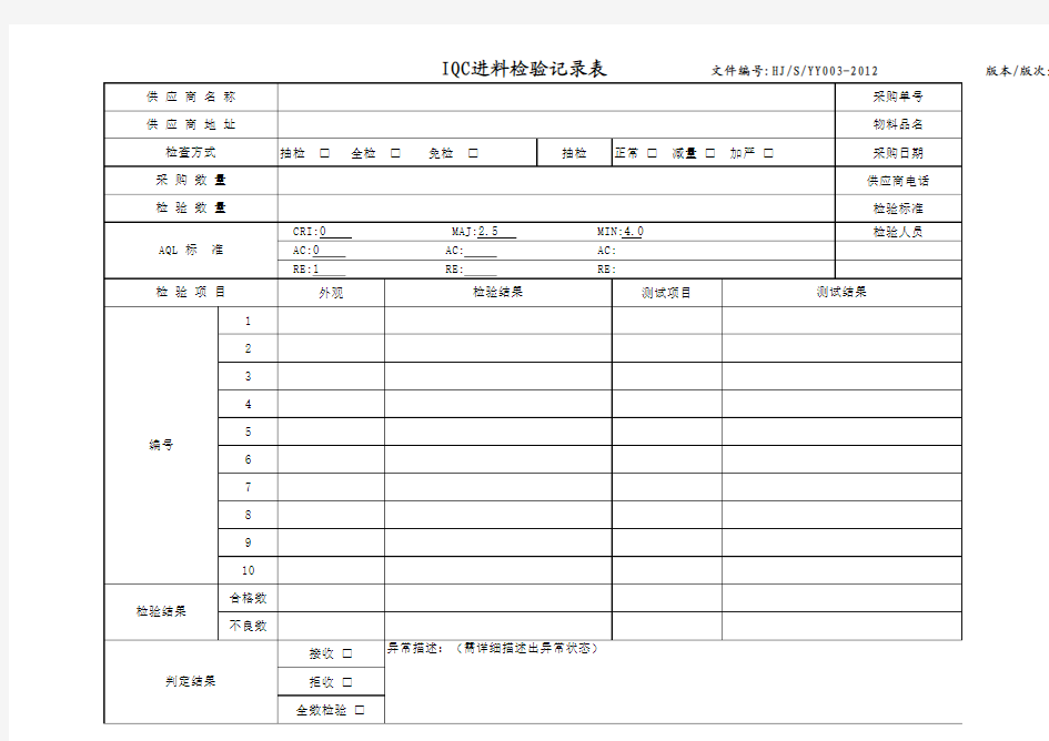 IQC进料检验记录表