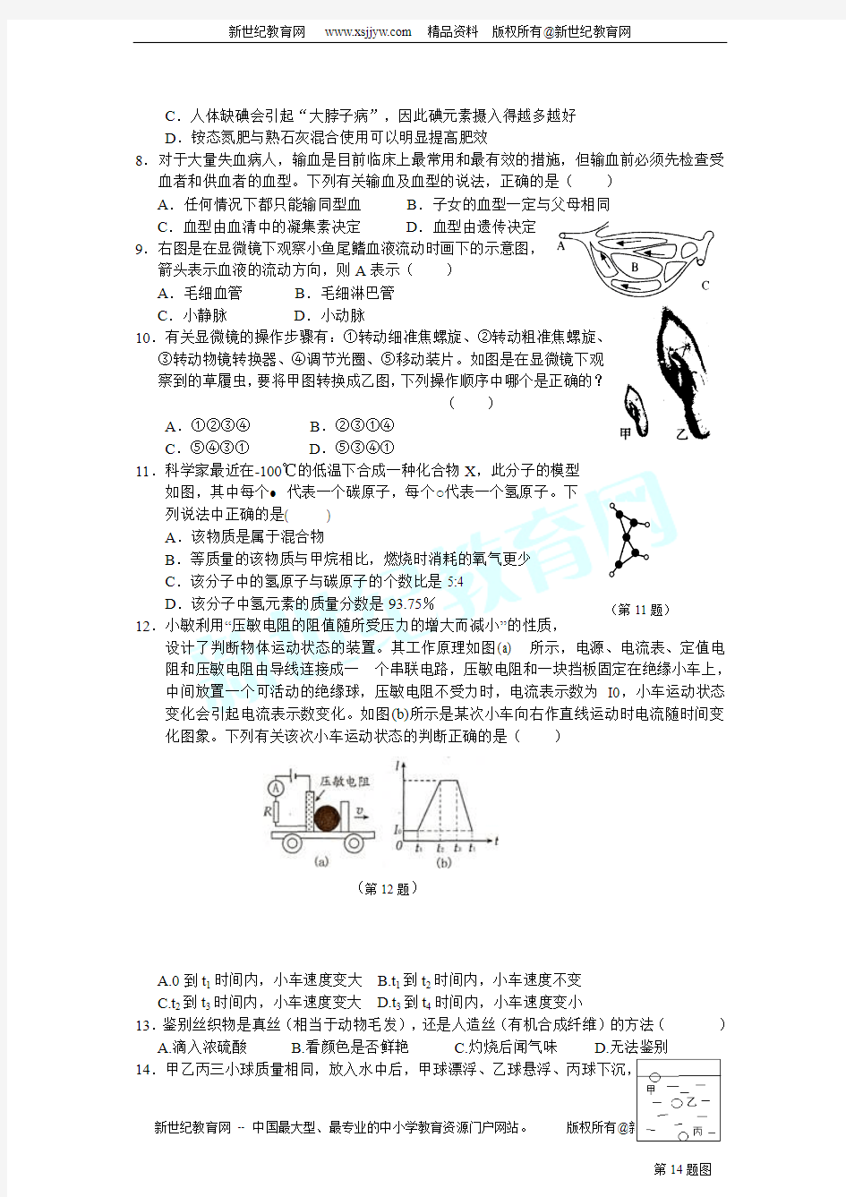 浙教版2011年中考科学模拟试卷14(含答题卷与答案)