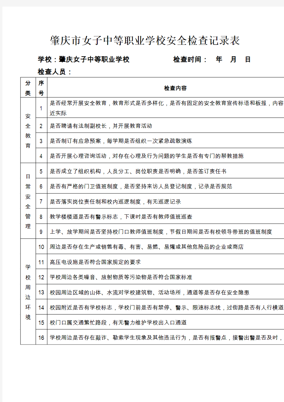 学校安全检查记录表