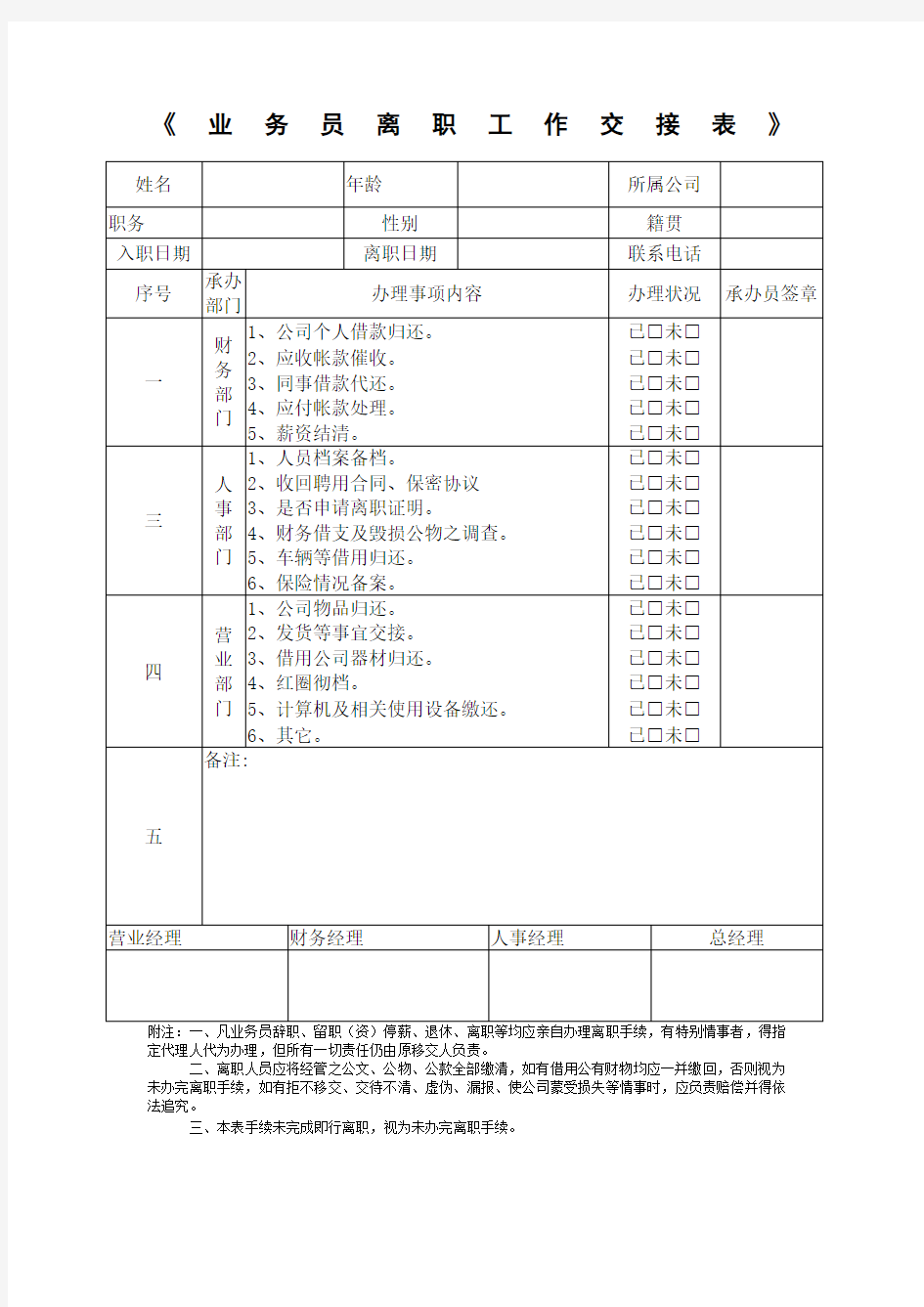 业务员离职工作交接表