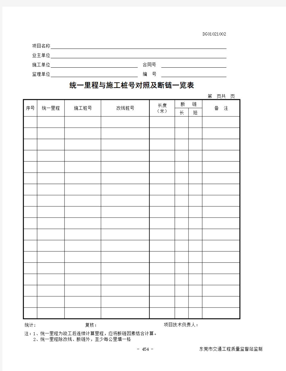 统一里程与施工桩号对照及断链一览表DG01021002