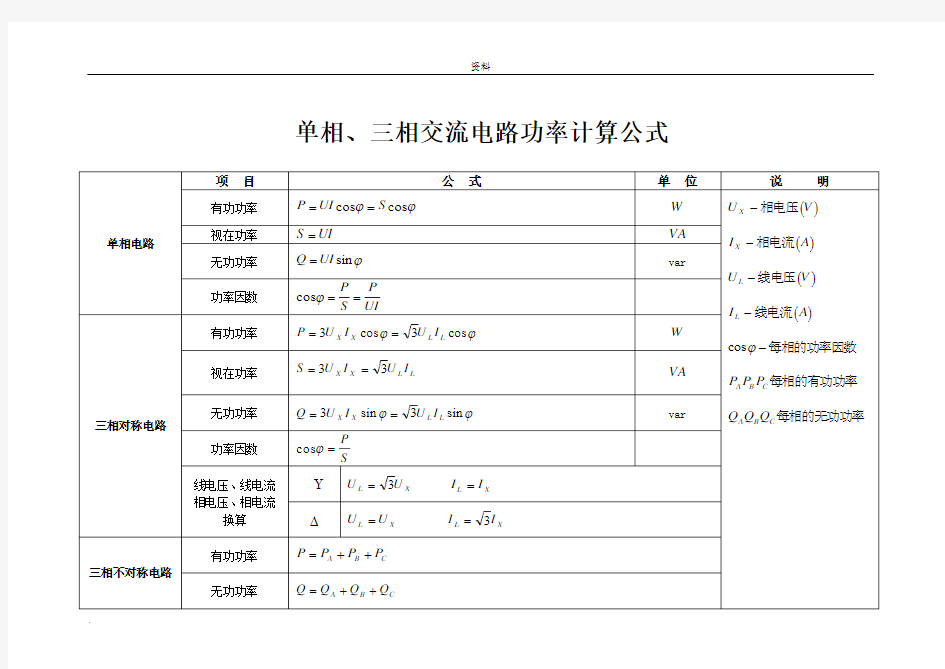 单相三相交流电路功率计算公式