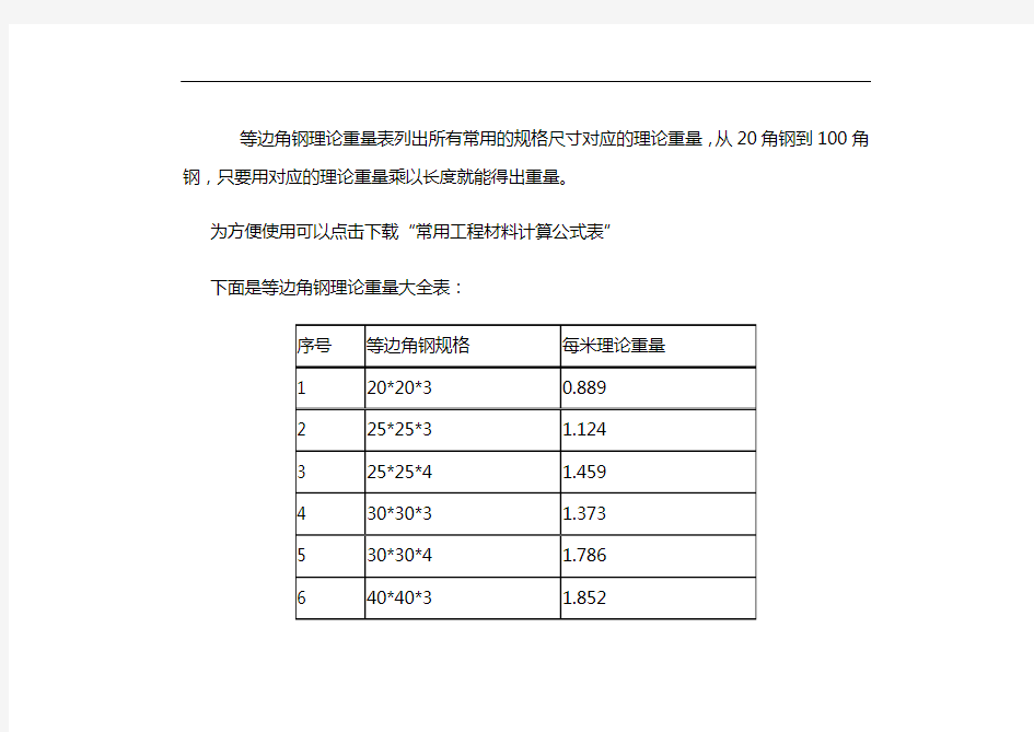 等边角钢理论重量表